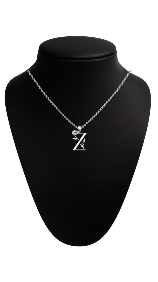 Silver “Z” Pendant Necklace with Floral & Leaf Design