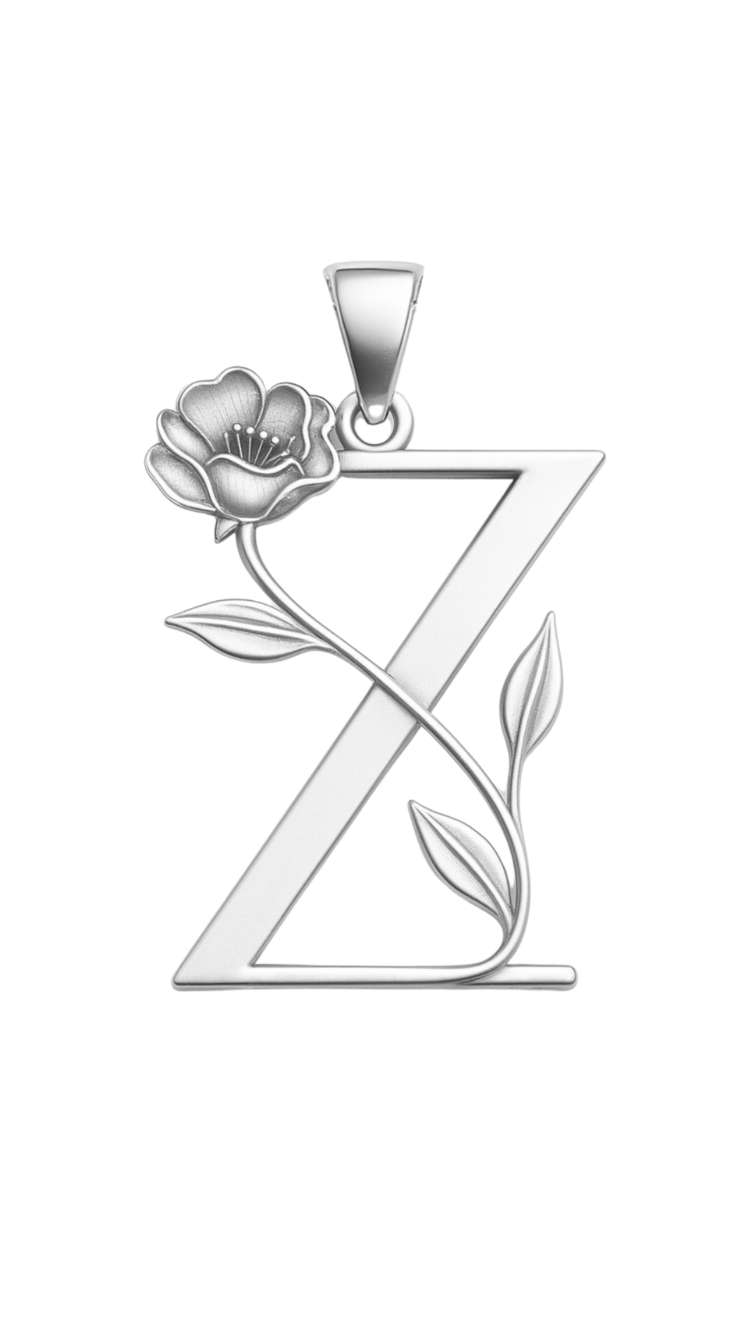 Silver “Z” Pendant Necklace with Floral & Leaf Design