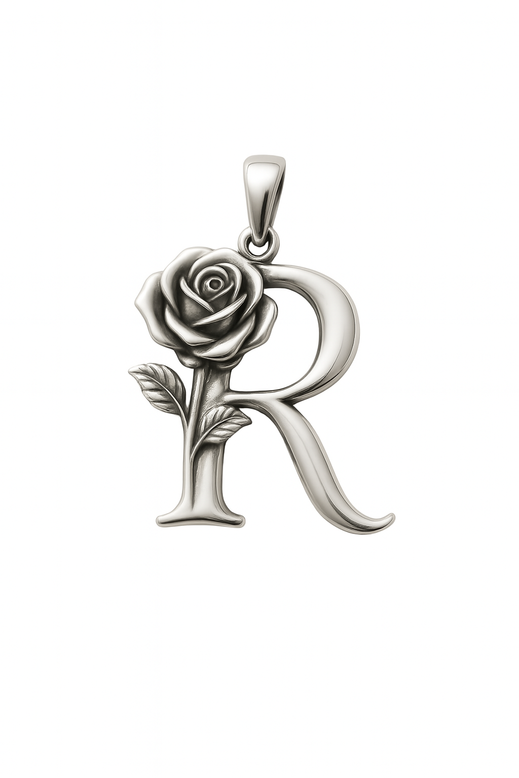 Silver pendant with rose design and letter 'R' 